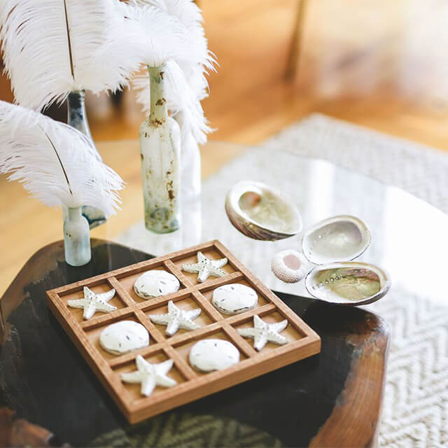 seashells in wood box